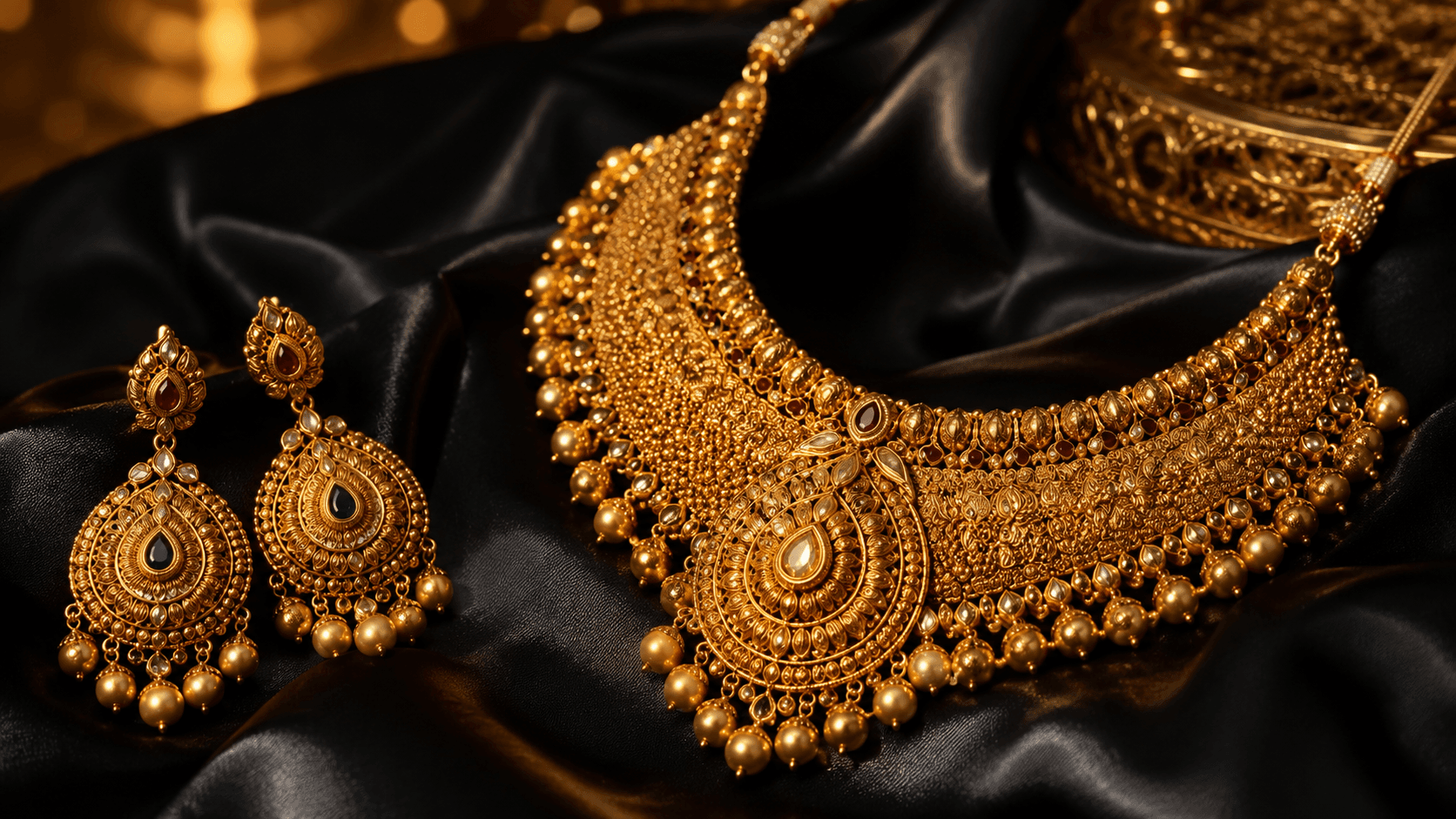 Gold jewellery arranged on black silk