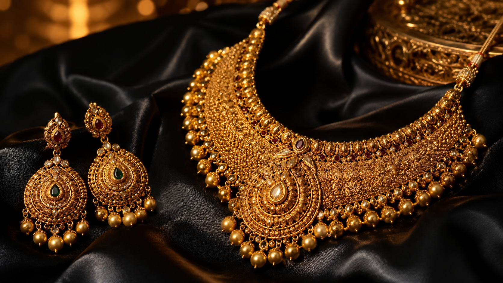Gold jewellery arranged on black silk